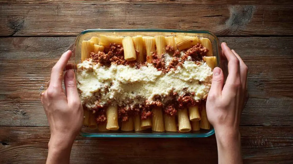 Assembling The Layers Of Pasta Al Forno In A Baking Dish Before Cooking.