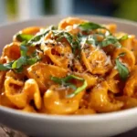 A white bowl of Campanelle pasta in creamy roasted red pepper sauce, garnished with basil and parmesan.