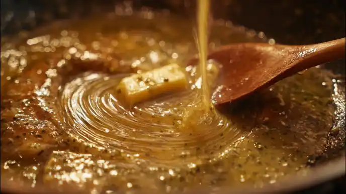 Swirling a pat of cold butter into a shimmering lemon and caper pan sauce in a skillet to make it glossy Italian Veal with Lemon.