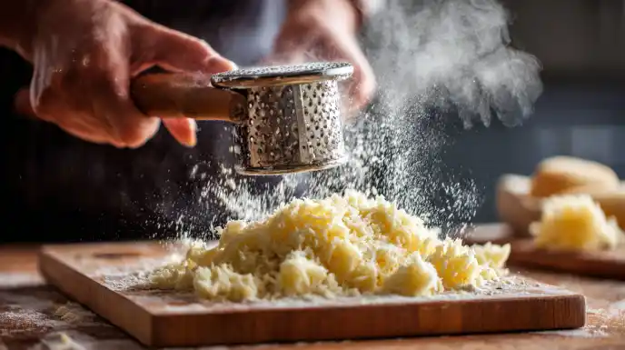 Hands ricing hot potatoes onto a floured surface to prepare gnocchi dough.