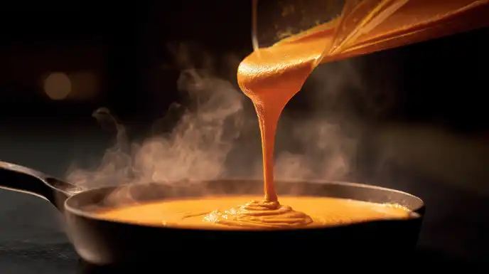 Pouring smooth roasted red pepper sauce from a blender into a hot skillet.