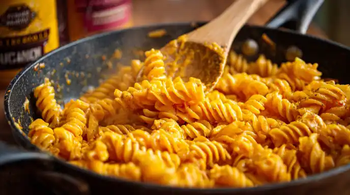 Campanelle pasta being gently tossed in a skillet with creamy red pepper sauce.