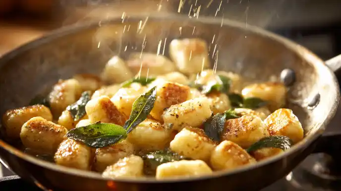 Gnocchi being tossed in a hot skillet with brown butter and fresh sage.