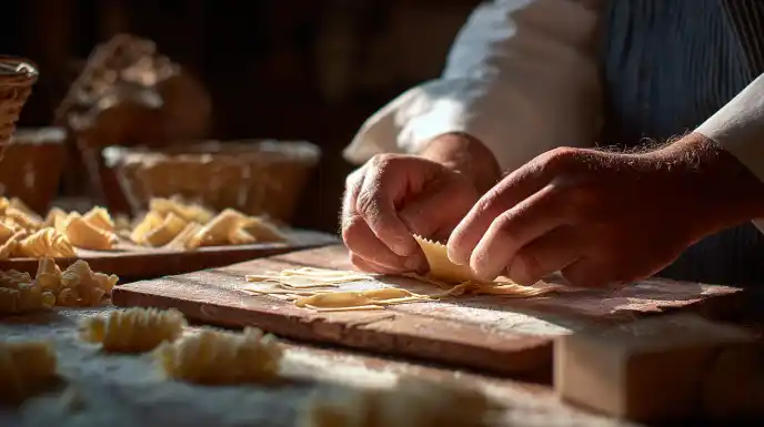 A close-up, detailed shot of a pair of hands gently rolling a small square of fresh pasta dough on a wooden garganelli board using a small dowel. The ridges of the board are clearly visible on the pasta.