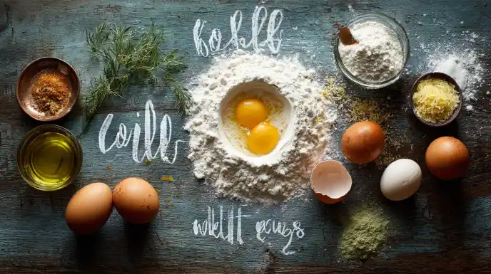 An overhead flat lay of the ingredients for garganelli pasta arranged on a dark wooden surface. It includes a mound of '00' flour with two eggs cracked in the center, a small bunch of fresh sage leaves, a block of Parmesan cheese, and a stick of unsalted butter.