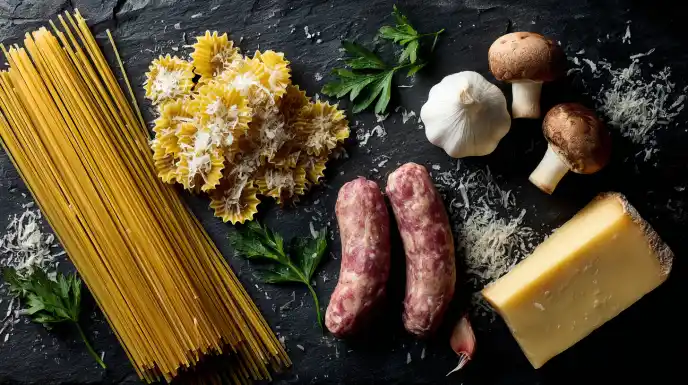 ingredients For Mafaldini Pasta Recipe, Including Uncooked Pasta, Sausage, And Mushrooms, Arranged On A Counter.
