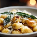 A rustic bowl of potato gnocchi tossed in brown butter sauce and topped with crispy sage leaves and parmesan.