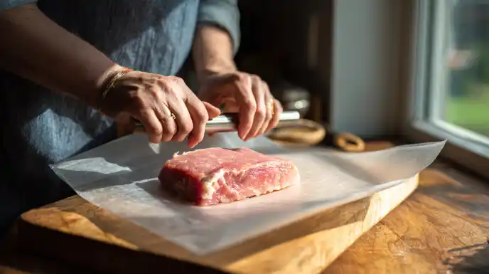 A hand using a meat mallet to pound veal cutlets thin between two sheets of parchment paper on a cutting board.