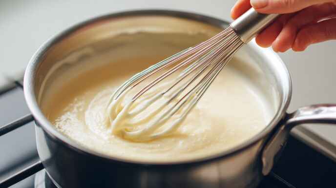 Preparing A Creamy, Lump Free Béchamel Sauce In A Saucepan With A Whisk.