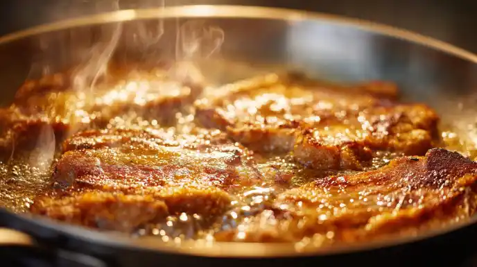 Thin, flour-dredged veal cutlets searing to a perfect golden-brown in a hot, buttery skillet.