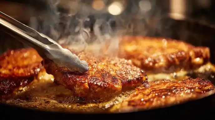 Thin veal cutlets sizzling and turning golden-brown in a hot cast-iron skillet with bubbling butter.