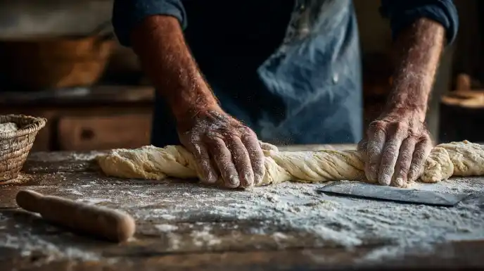 Top view of hands rolling gnocchi dough into ropes on a wooden board.
