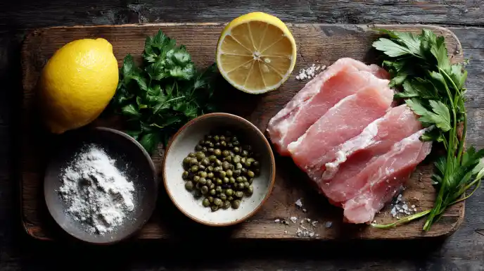 Fresh ingredients for Italian Veal with Lemon sauce piccata including thin veal cutlets, a whole lemon, capers, and parsley arranged on a rustic wooden board.