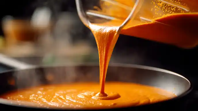 Pouring creamy roasted red pepper sauce from a blender into a skillet.
