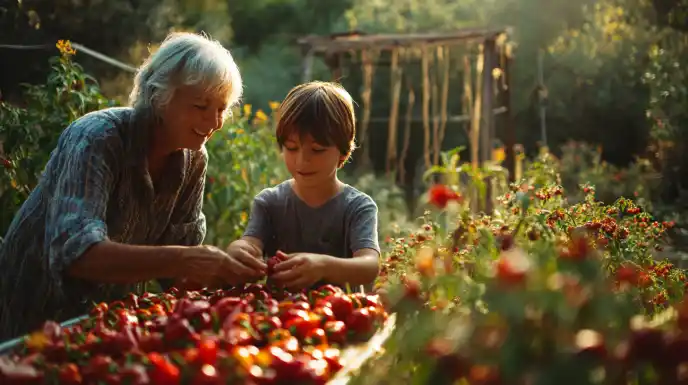 A nostalgic garden scene with a grandmother and child peeling roasted peppers beside drying pasta.