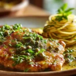 A beautiful plate of Italian Veal with Lemon sauce piccata with a glossy lemon butter sauce, capers, and fresh parsley, served on a rustic plate