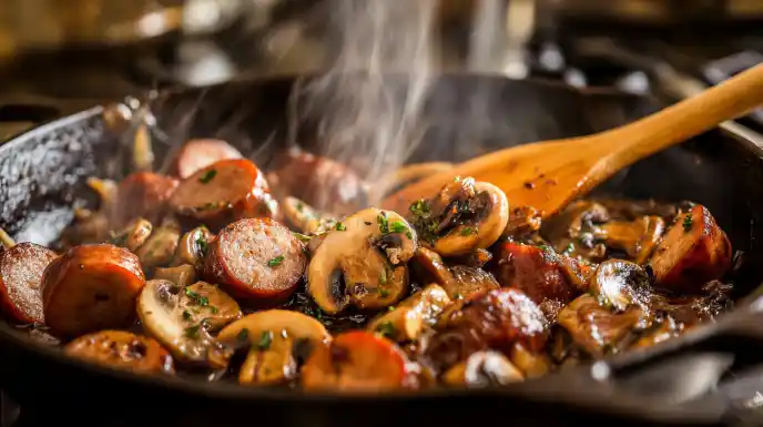 Tossing Cooked Mafaldini Pasta In A Creamy Sausage And Mushroom Sauce In A Pan.