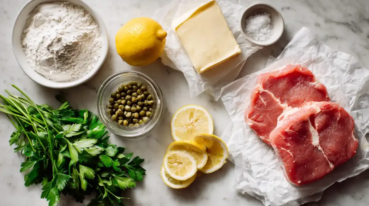 A hand using a meat mallet to pound Italian Veal with Lemon cutlets thin between two sheets of parchment paper on a cutting board.