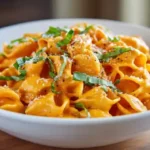 A vibrant bowl of Campanelle pasta with creamy roasted red pepper sauce and fresh basil.