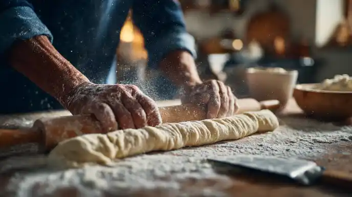 A close-up of hands gently rolling a soft rope of gnocchi dough on a floured wooden board before cutting.