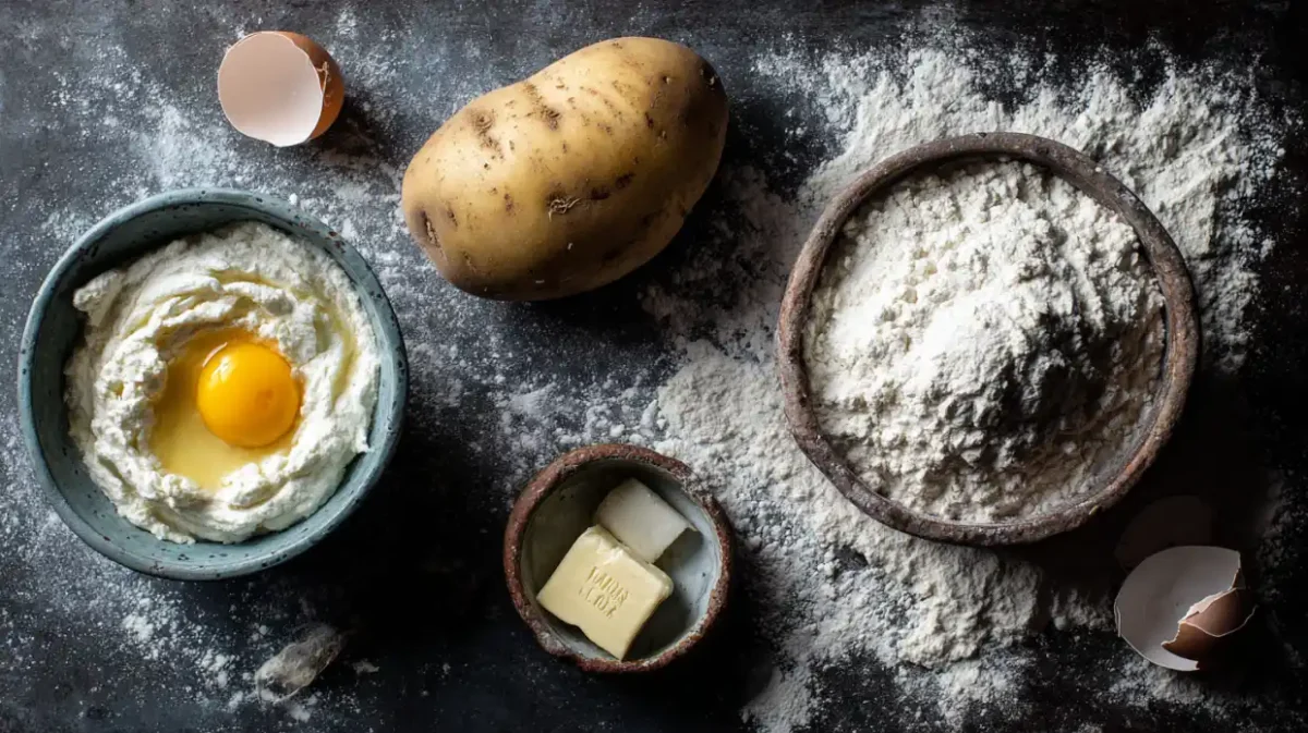 Fresh ingredients for potato ricotta gnocchi laid out on a floured surface, including a baked russet potato, a bowl of ricotta, and an egg yolk.