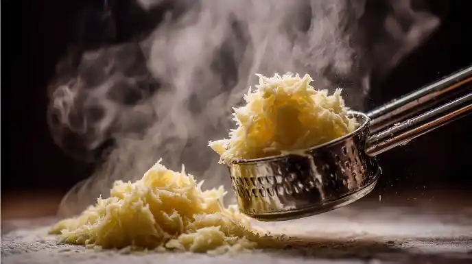 A potato ricer pressing fluffy, steaming potato flesh onto a work surface, demonstrating a key technique for light gnocchi.